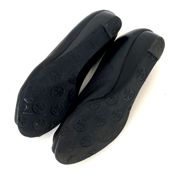 Tory Burch Kitty Tumbled Leather Black Wedge Pump Peep Toe Slip On Tonal Logo 6 - Picture 9 of 9